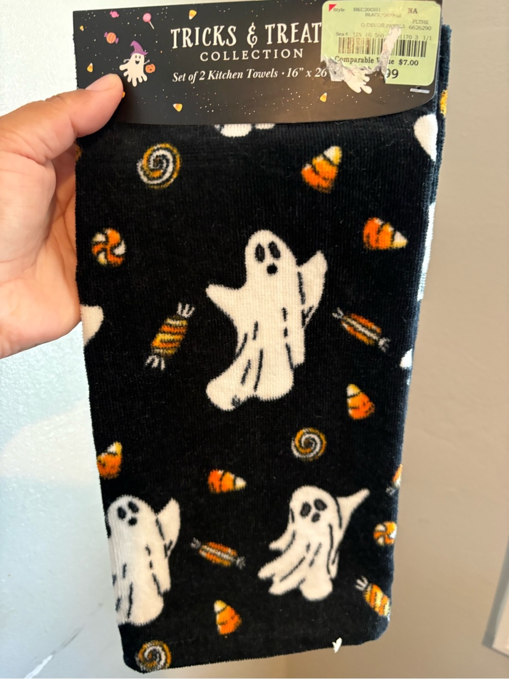 Tricks & Treat Halloween Ghost Kitchen Towels - Black & White with Orange Accent